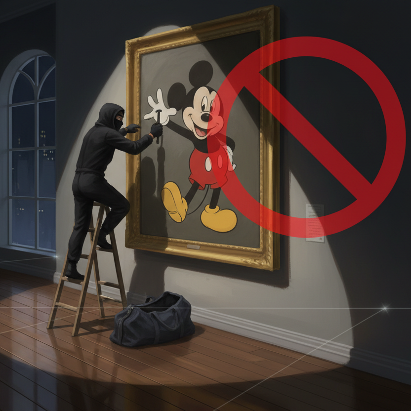 1 thief in black covering is trying to steal a Mickey Mouse painting from the museum. then on the image there is a red cross inside a red circle to show it's a forbidden act