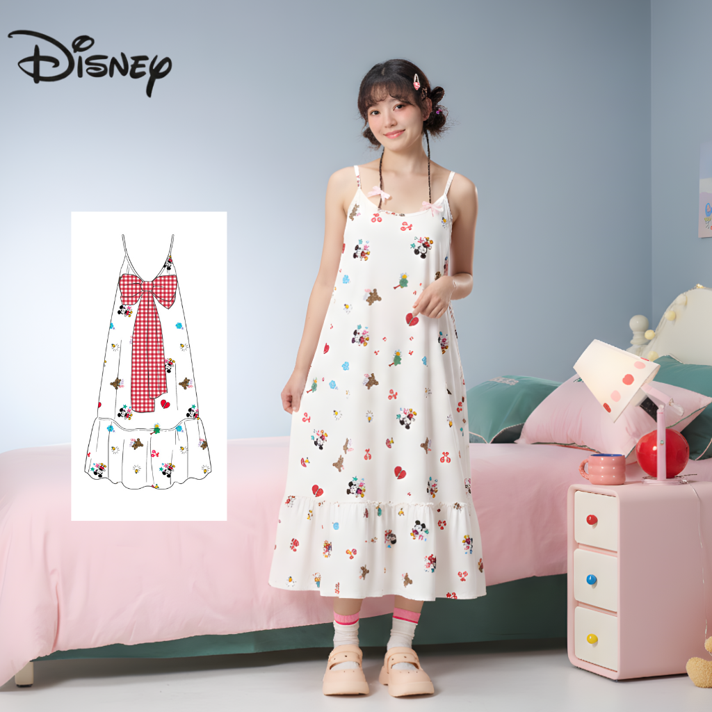 Đầm Ngủ Hai Dây Mickey Mouse – Nơ Lớn Phối Họa Tiết Caro