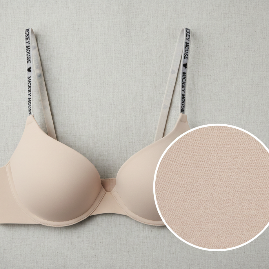 Beige bra with Mickey Mouse logo on straps on a gray background