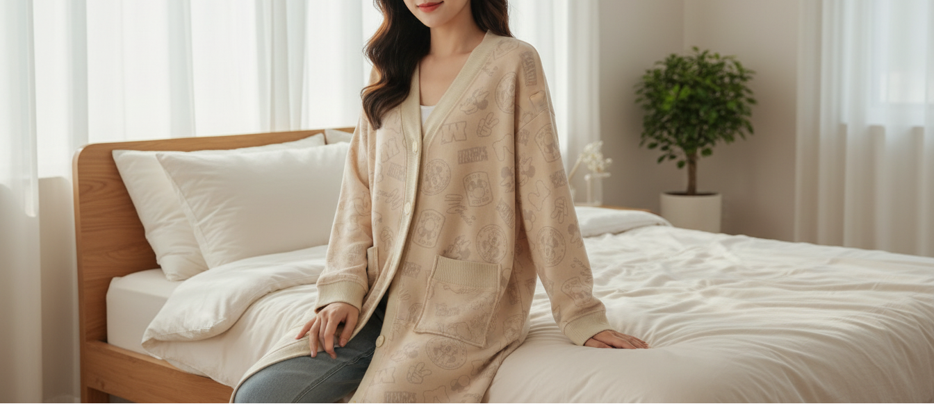 Woman sitting on a bed in a bright bedroom with white curtains and a plant.